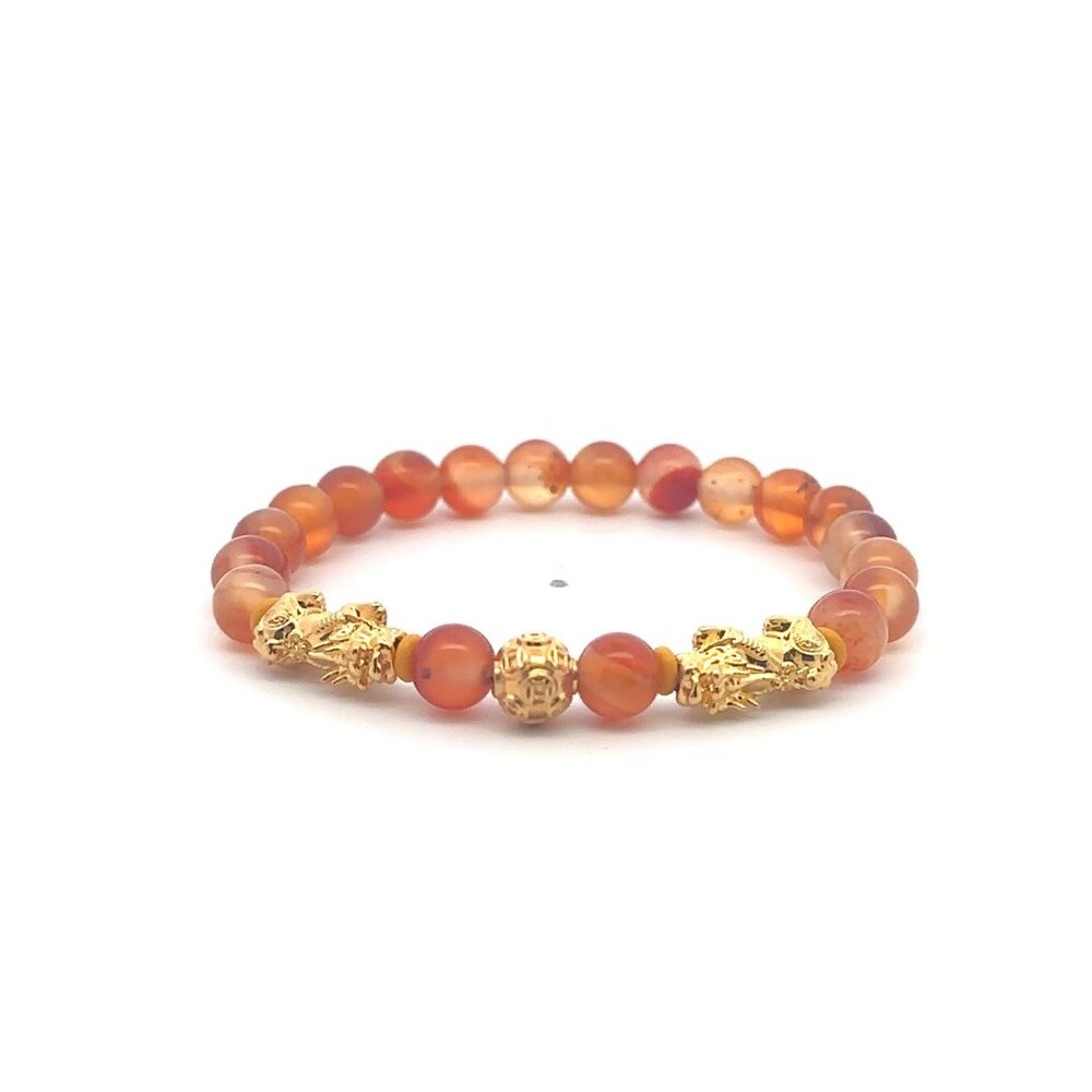 18K Gold Pixiu Piyao Coin Ball Bracelet Gemstone Carnelian 6mm July Birthstone